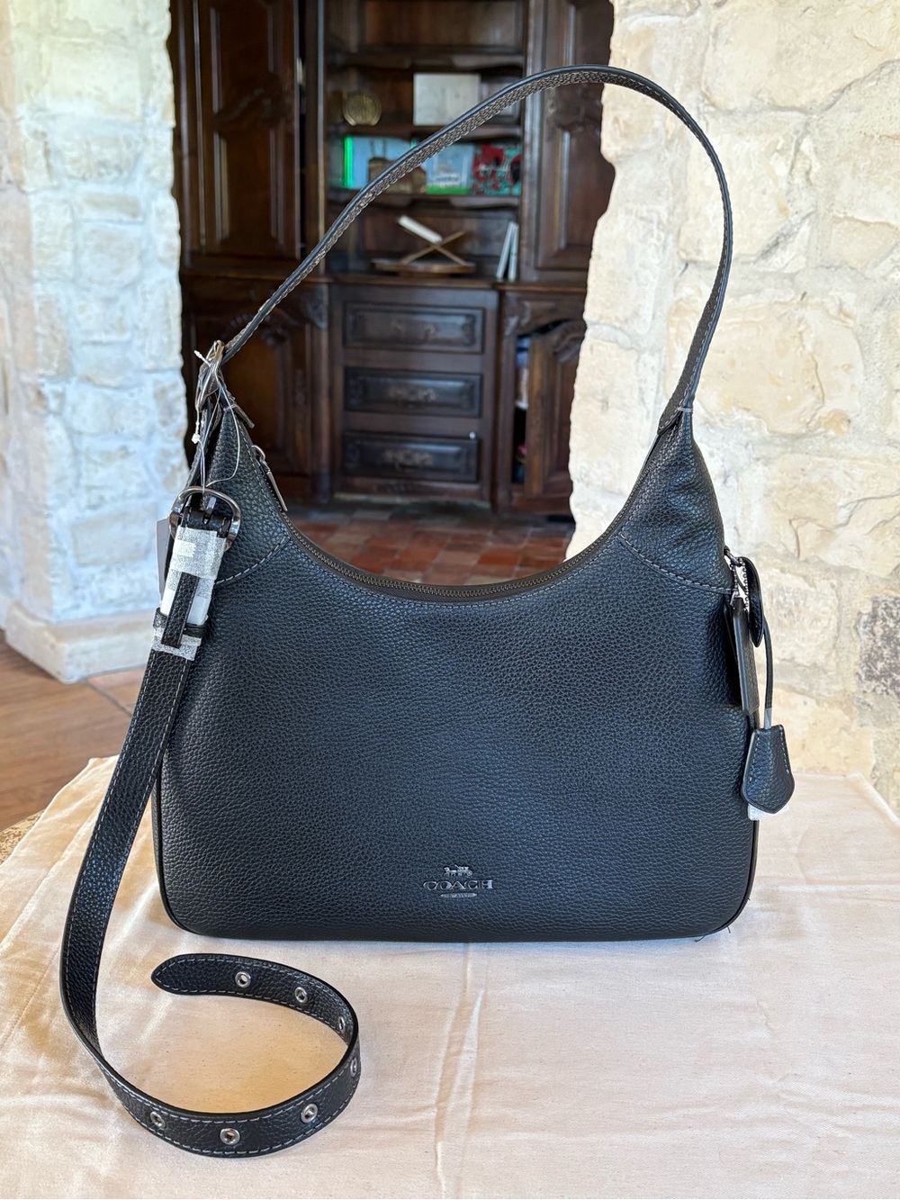 Coach Black Pebbled Leather Shoulder Bag with Removable Strap